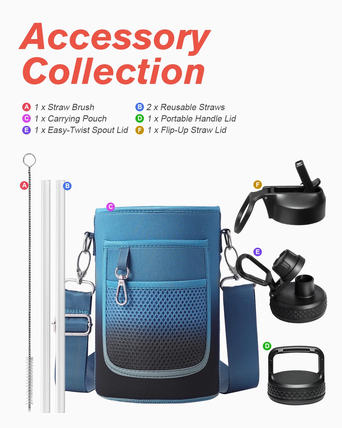 Coolflask Wasserflasche, isoliert, mit Strohhalm und 3 Deckeln, 1.8 l Wasserkanne, großer Metall, Edelstahl, breite Öffnung, für Sport, Fitnessstudio oder Büro, 24 Stunden, magisches Schwarz