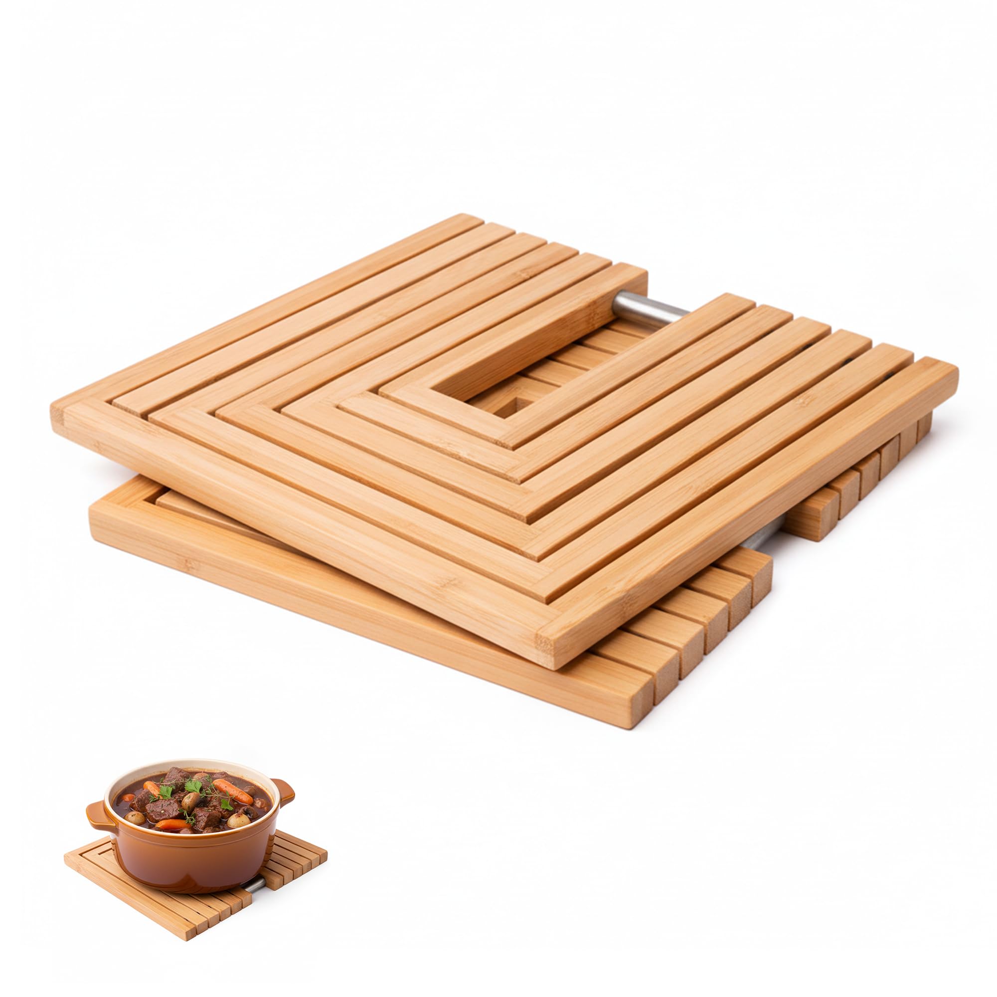 TARUNMO Bamboo Trivets for Hot Pans, 2 Pack Expandable Wooden Heat Resistant Mats with Non-Slip Base, Extendable from 19 to 38 cm, Folding Pot Stands for Kitchen Worktop and Table Protection
