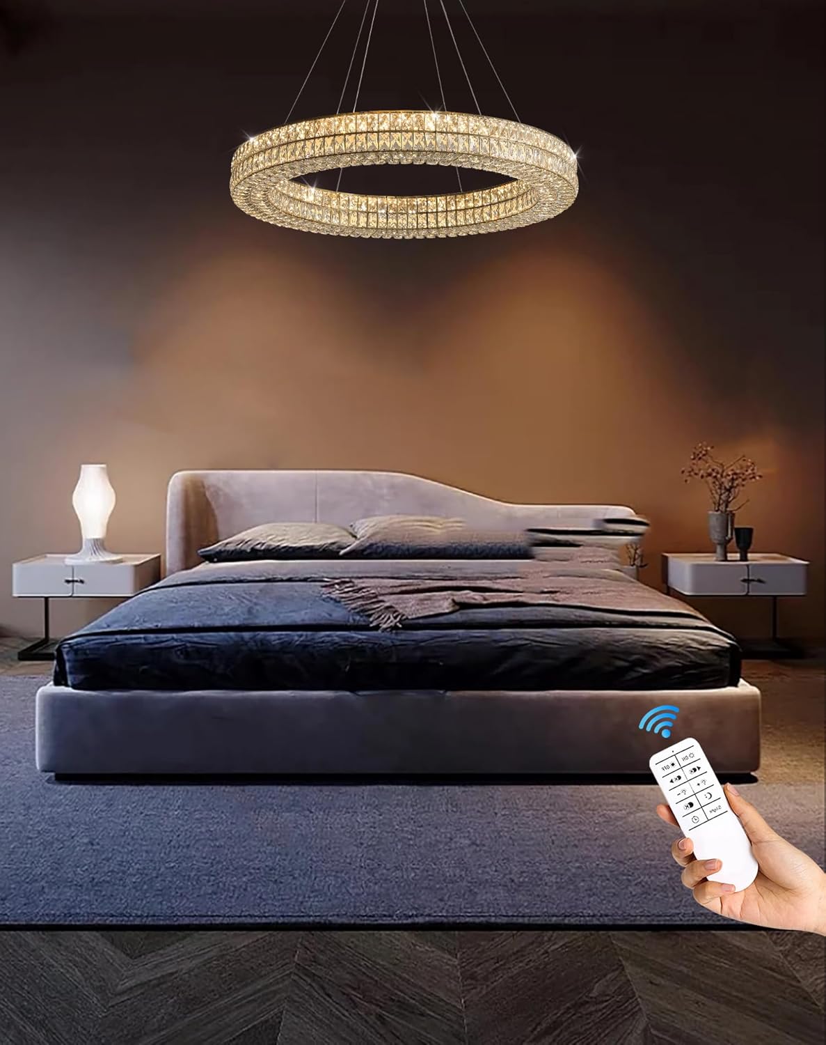 Led 24" Gold Ring Crystal Chandelier, Modern Dimmable Chandeliers Lighting and Hanging Adjustable, LED Round Ceiling Light Fixtures for Dining Room Living Room