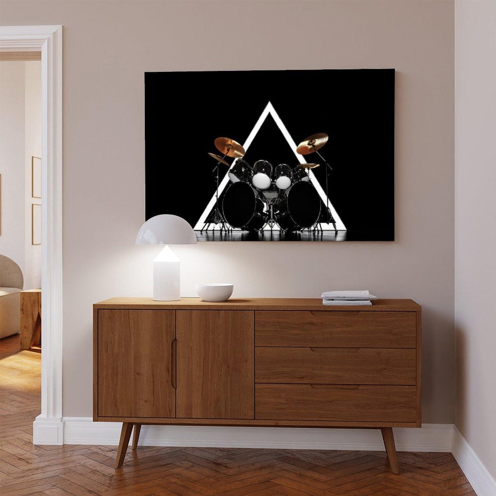 Set di tamburi su tela, decorazione moderna a triangolo per sala musicale, poster per camera da letto, decorazione per ufficio, camera da letto, regalo, 61 cm di lunghezza x 91,4 cm di larghezza