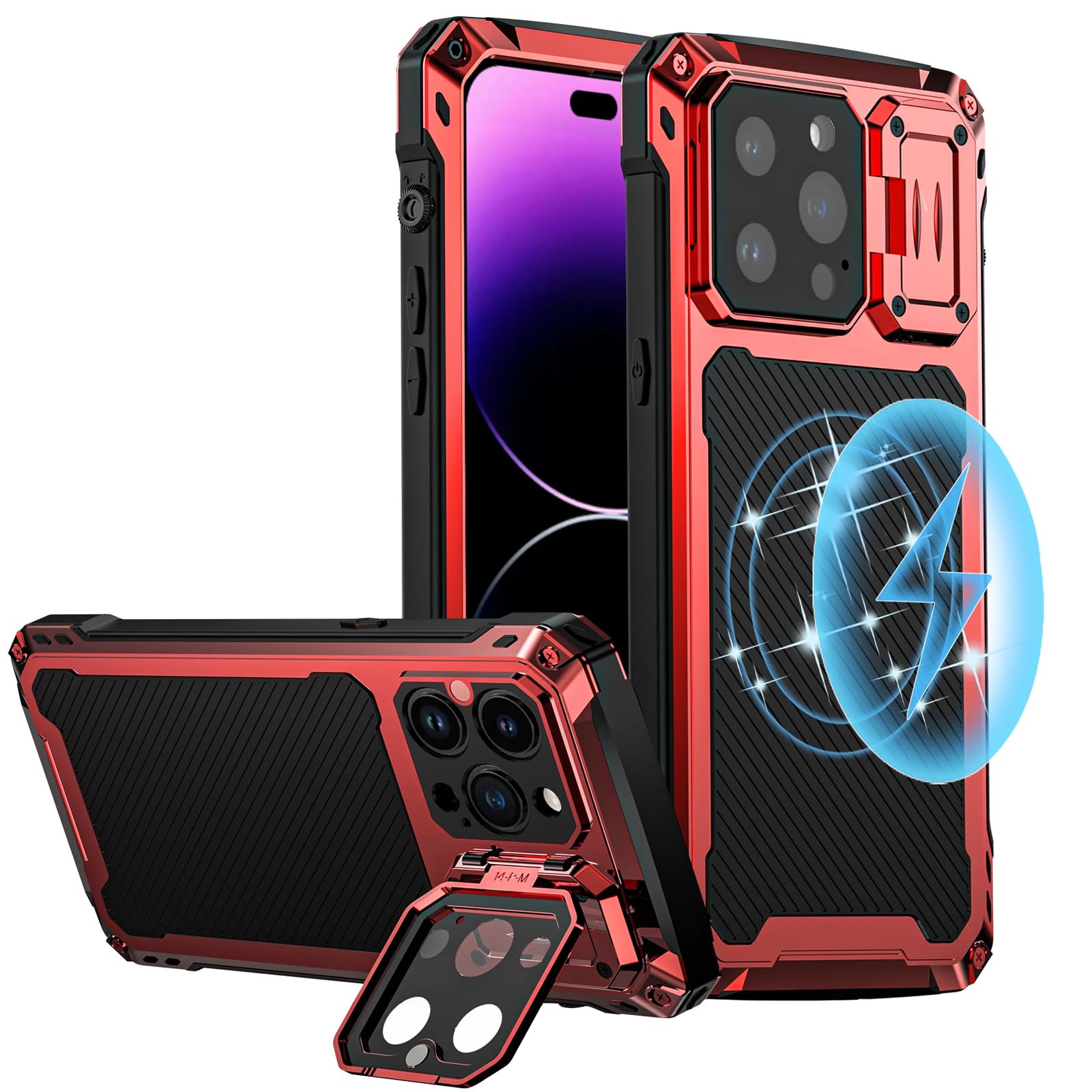 Funda con Soporte Ajustable para iPhone 15 Pro, Cristal Templado, Rojo