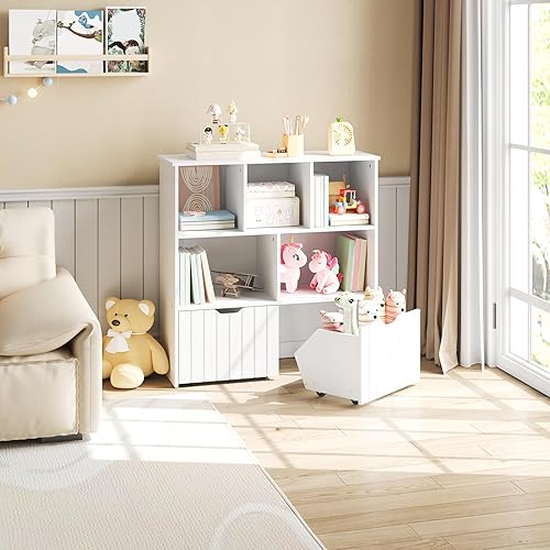 Miniatura 4 de HOOBRO Organizador de almacenamiento de juguetes, organizadores de juguetes y almacenamiento con 2 cajones móviles y 5 cubículos, estante de pecho