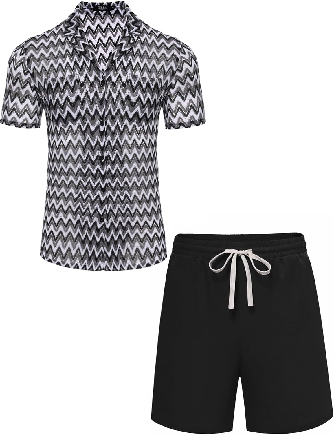 Mens 2 Pieces Outfits Summer Beach Set Tracksuit See Through Sheer Hollow Out Short Sleeve Lace Shirts and Shorts Sets - Image 4