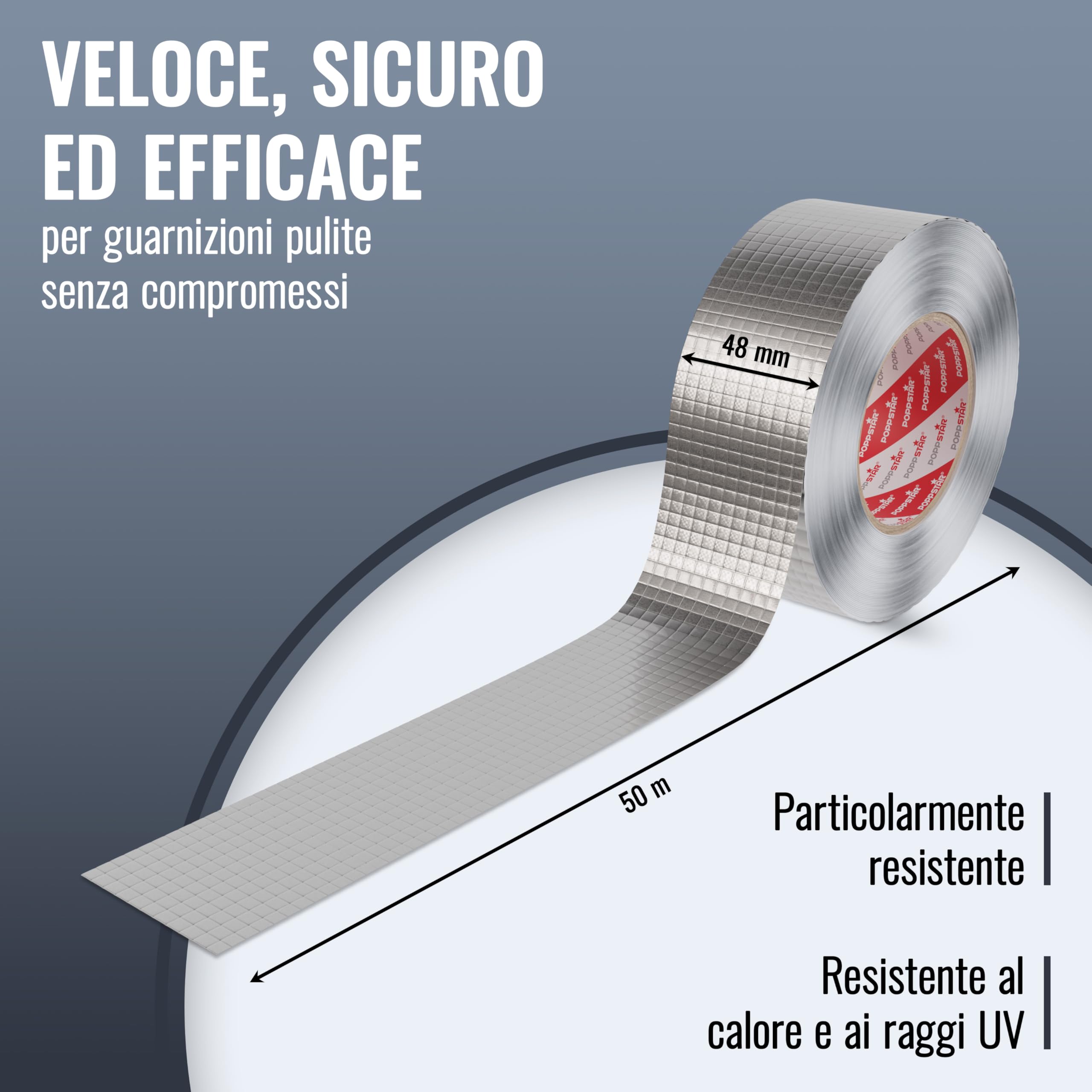 POPPSTAR Nastro adesivo alluminio in fibra di vetro per isolamento tubi e coibentazione (50m x 48mm) Protezione da calore e condensa Nastro autoadesivo alluminio resistente al calore 48mm