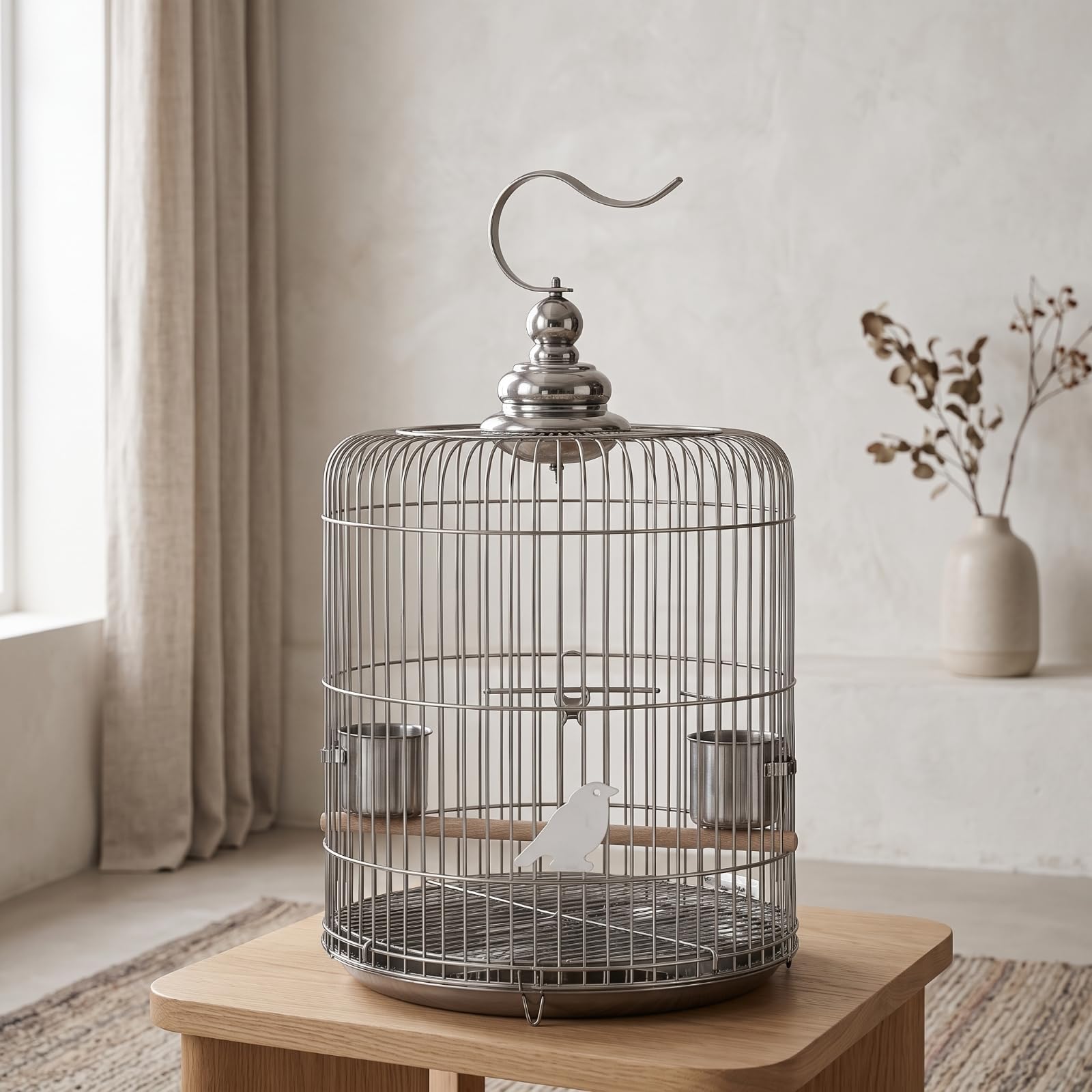 Rund Vogelkäfig mit Sitzstange rostfrei Edelstahl-vogelkäfig aufhängbar kuppelkäfig mit futtnäpfen für wellensittiche, wohnzimm, zuhause, Balkon, 32型
