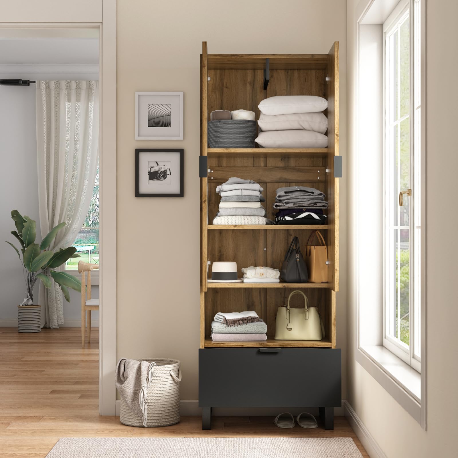 Set di cassetti, guardaroba compatto con ripiani regolabili e asta appendiabiti, set con 2 ante e maniglia, per corridoi e ingresso, 180 x 65 x 38 cm, legno e nero
