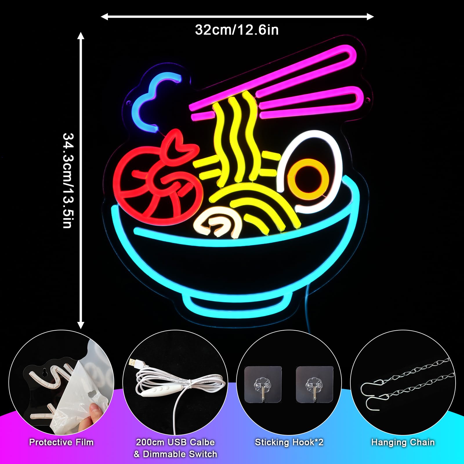 Ramen Neon Schild Bunt Led Neonschild Wand Noodles Neon Sign USB Nudeln Led Schild für Resturant Ramen-Laden Küche Snack-Bar Wohn-Esszimmer Brunch Party Home Store Geschenke
