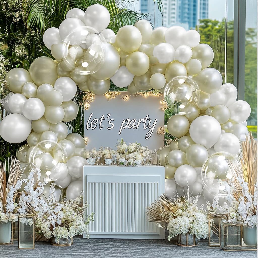 Pearl Balloon Garland Double Stuffed Pearl White Gold Balloon Arch Kit Different Sizes With Clear Bobo Balloon for Birthday Baby Shower Anniversary Wedding Party decor
