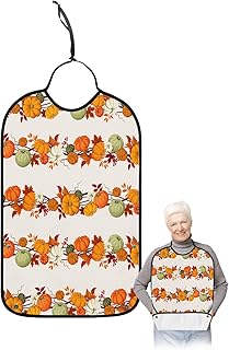 BOBOWUNY Thanksgiving Adult Bibs for Elder Women Men Eating, Orang Plaid Fallen Leaves Pumpkin Waterproof & Washable Bibs for Eating Clothing Protector Dining Bibs for Crumb Catcher