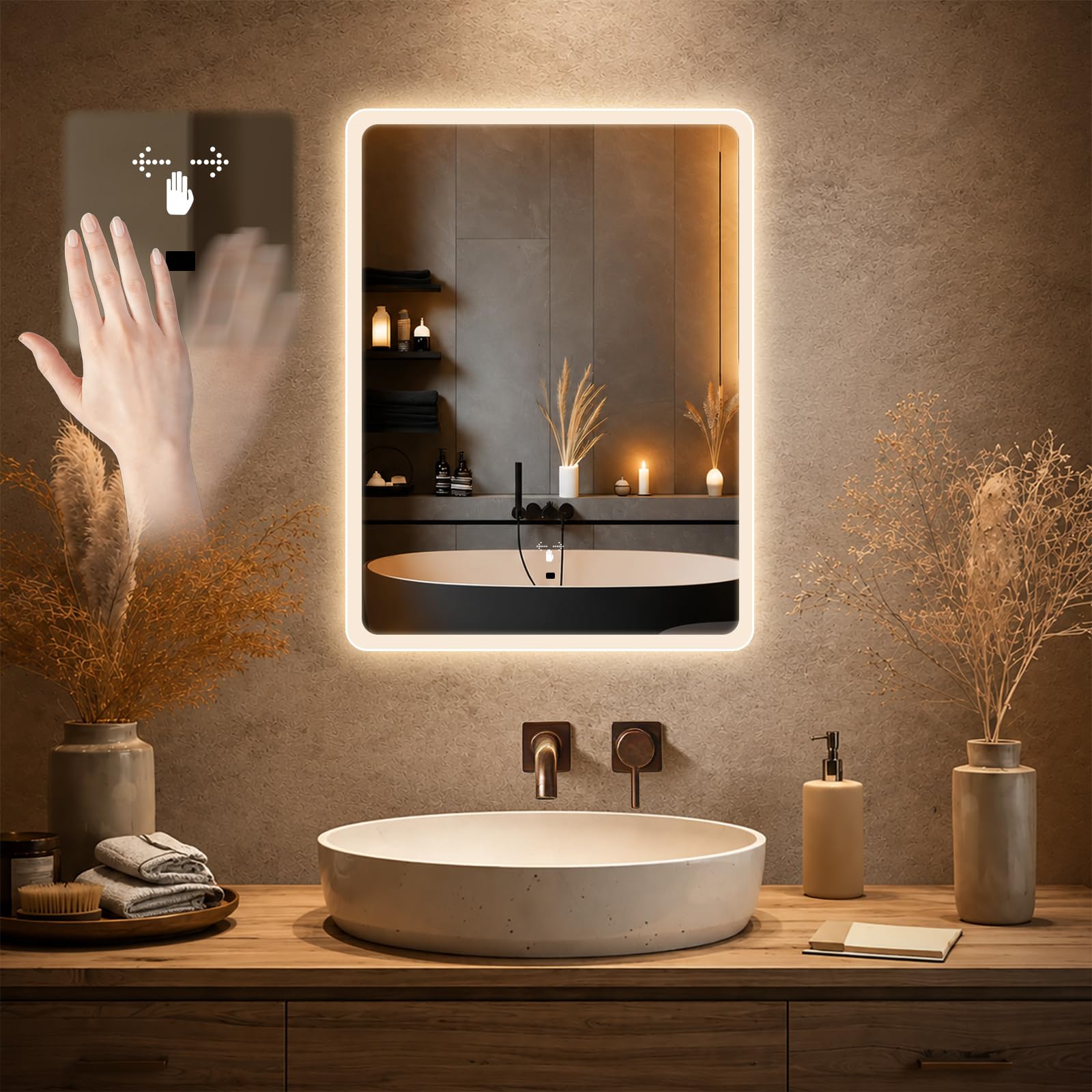 Specchio da parete per bagno, con illuminazione, specchio con luce LED, interruttore a sensore e 3 colori dimmerabili (60 L x 45 B) (60 L x 45 B)