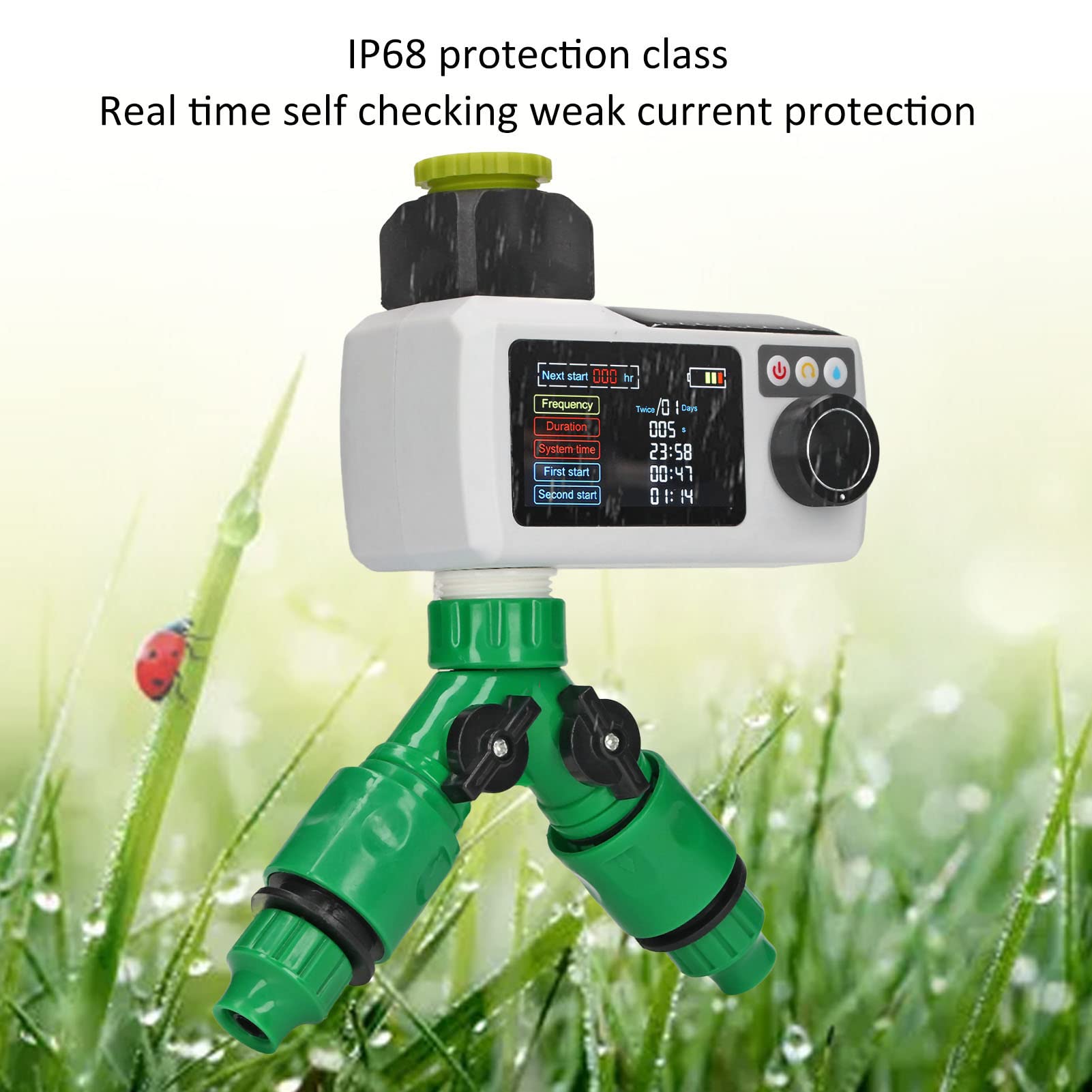 PenRux Solar Irrigation Timer, Rain Detection Solar Powered Digital Watering Timer Double Connector IP68 Automatic Watering System for Lawn Garden Courtyard Greenhouse