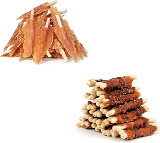MON2SUN 4-4.5 Inch Chicken Wrapped Rawhide Sticks 40 Count & 4 Inch Chicken and Duck Wrapped Calcium Bones 30 Count for Small Dogs