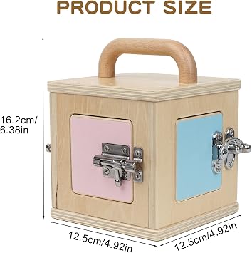 Montessori Wooden Lock Box with 4 Doors Fine Motor Skills Activity Board for Toddlers 1-4, Problem Solving Toy with Different Lock Mechanisms, Natural Beech Wood Educational Gift