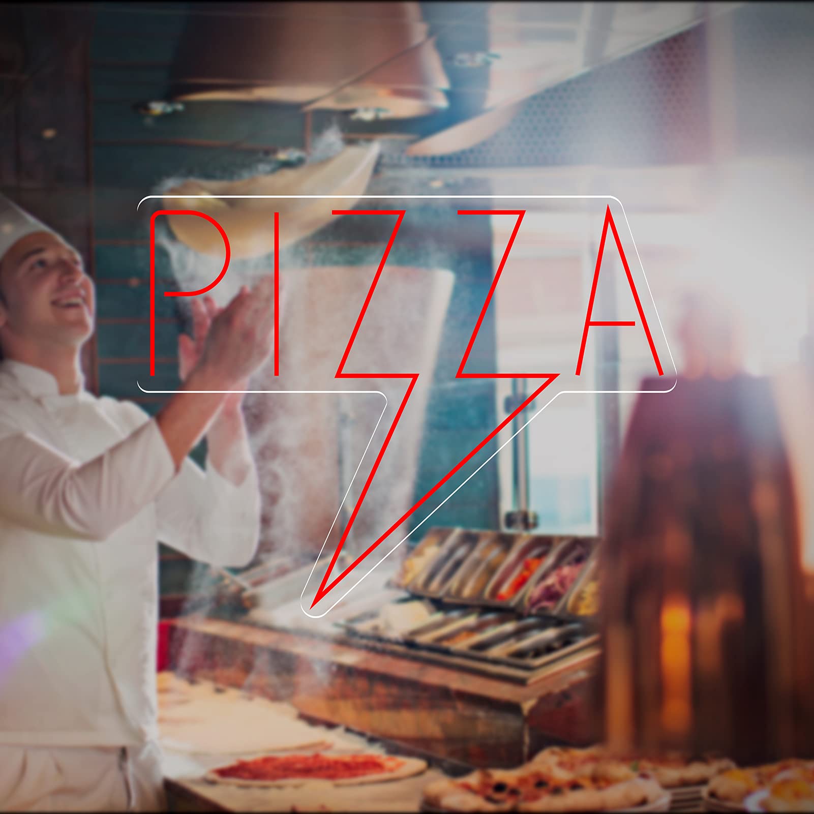 Neon Luces Pared Carteles Letrero Comida Restaurante Feliz -55cm - Personalizable - Multi modelos para elegir - Con Mando a la Distancia- Interior (Neón "Pizza Rayo")