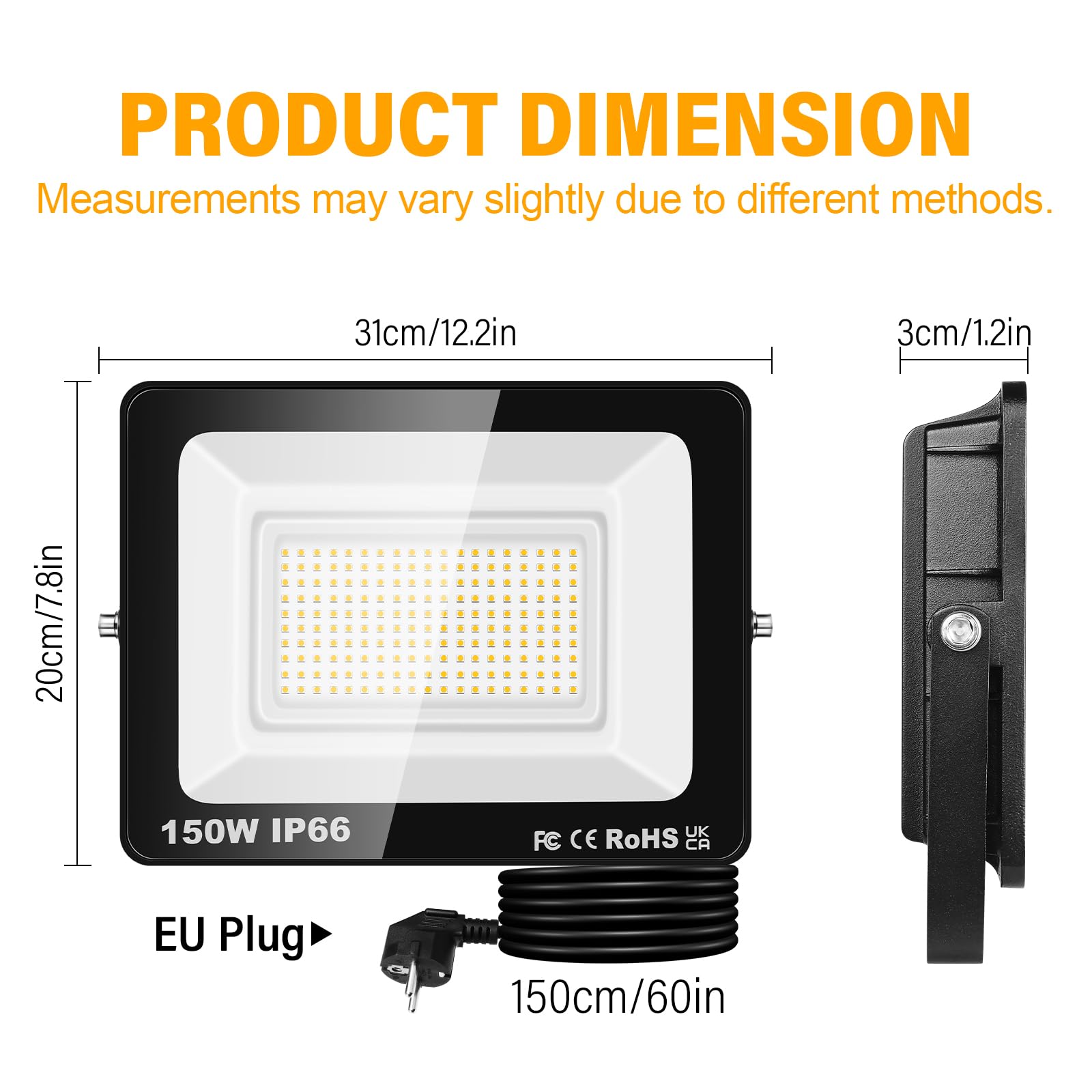 Willpower 2PCS Foco LED Exterior Interior Proyector LED 150W 15,000LM Focos de Luz 3000K Blanco Cálido IP66 Luz de Inundación Iluminación para Garaje Patio Jardín Terraza Parque Trabajo, con Enchufe