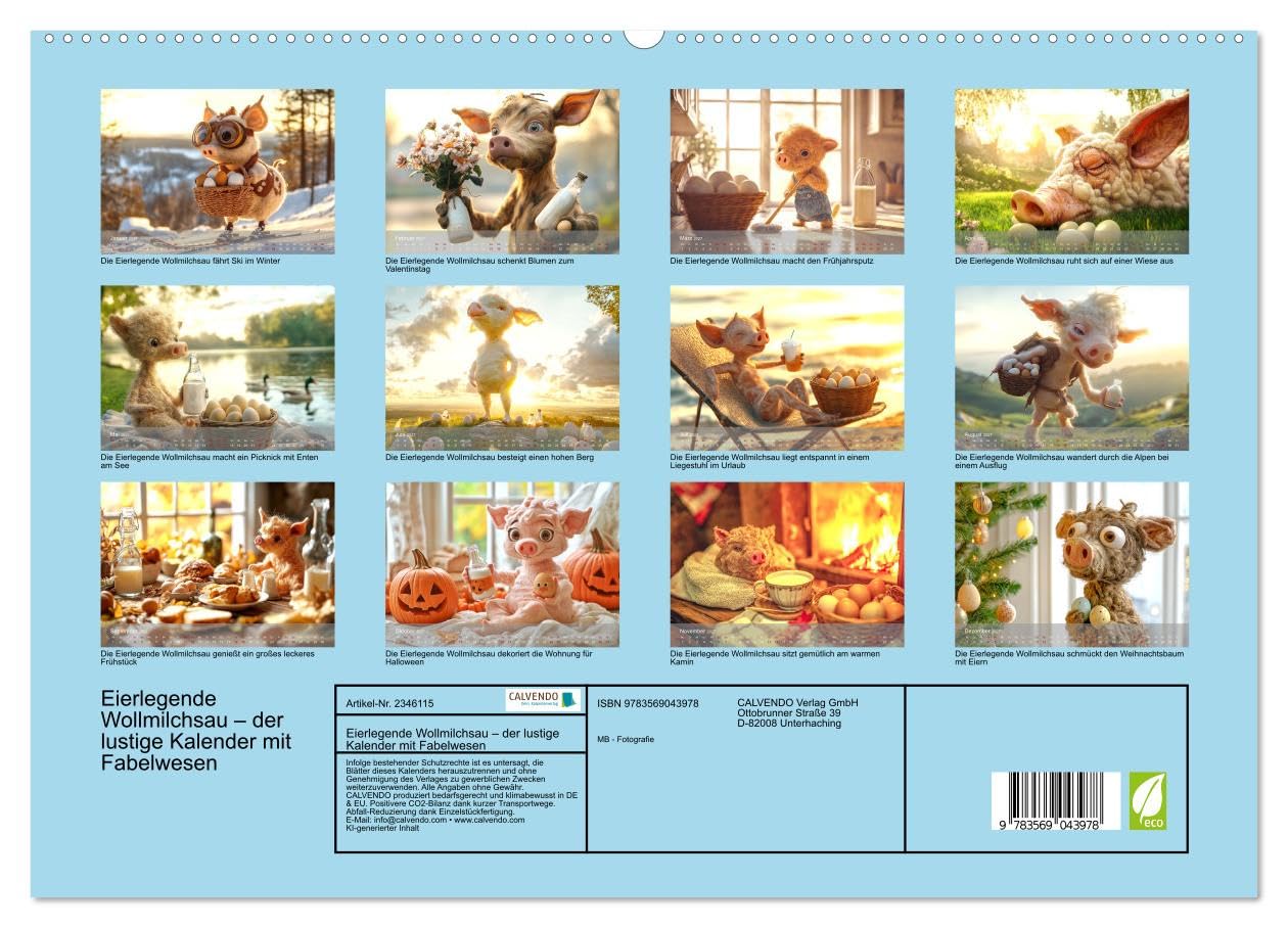 CALVENDO - Eierlegende Wollmilchsau – der lustige Kalender mit Fabelwesen (hochwertiger Premium Wandkalender 2027 DIN A2 quer), Kunstdruck in Hochglanz: Der Kalender für die ganze Familie, die Eierleg