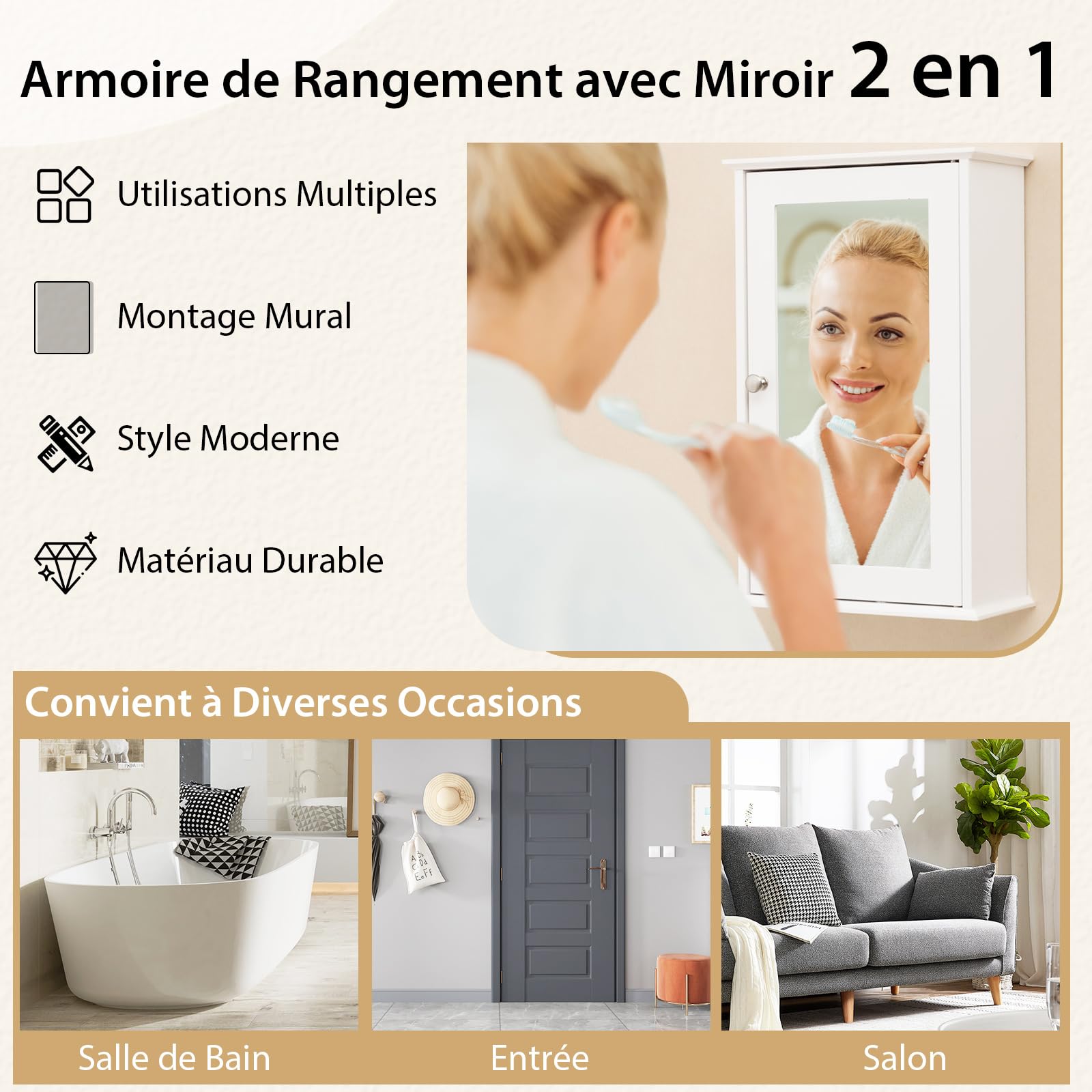 COSTWAY Armoire Murale de Salle de Bain, Meuble Salle de Bain avec Porte-Miroir, Meuble Suspendue à 2 Niveaux, Armoire à Pharmacie, Étagère Réglable, 15 x 34 x 53 cm (Blanc)