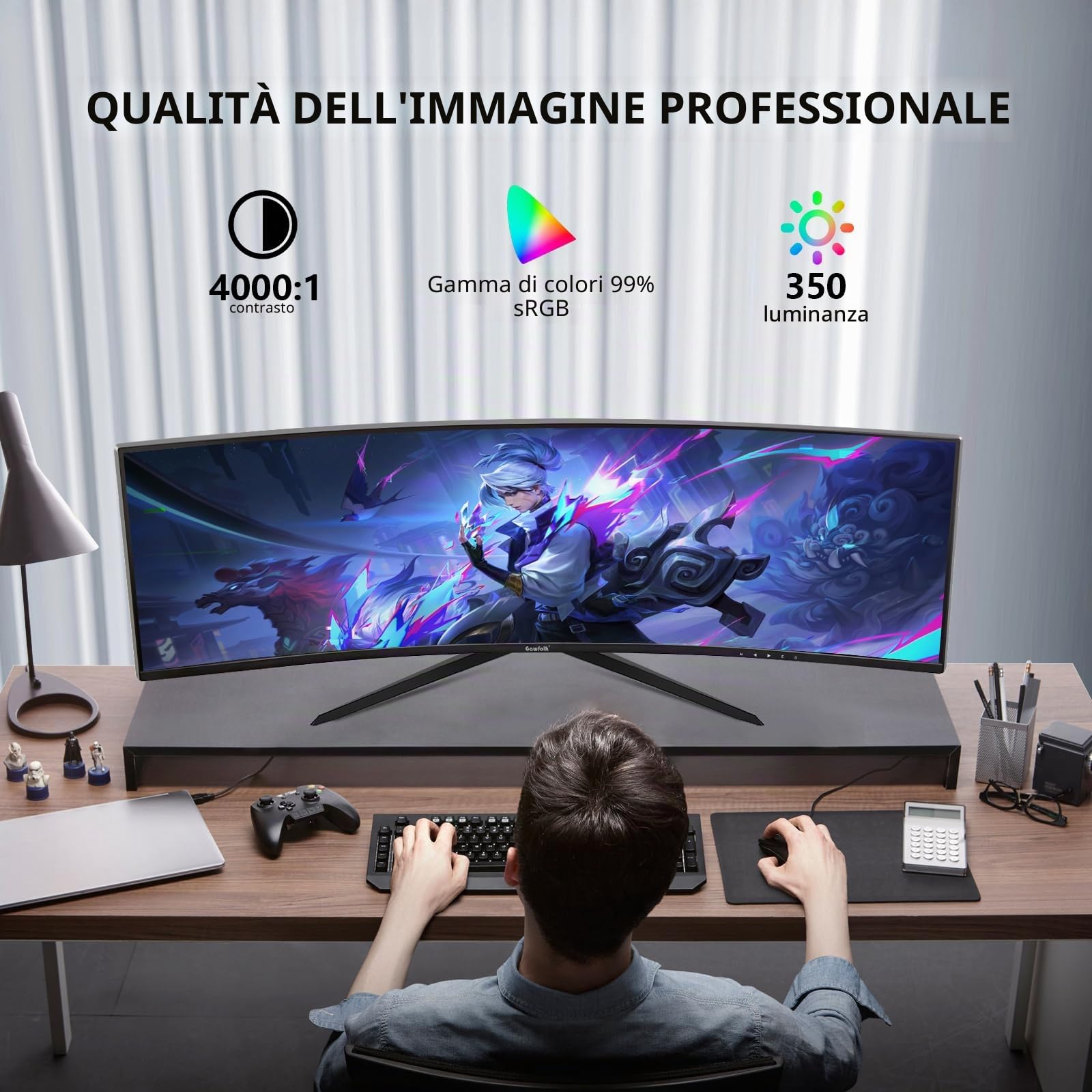 Gawfolk Monitor per computer da gioco curvo da 34 pollici, 144 Hz, schermo PC 1500R 21:9 UWQHD (3440 x 1440), sincronizzazione adattiva, angolo di visione 178°, HDMI, display port, compatibile con