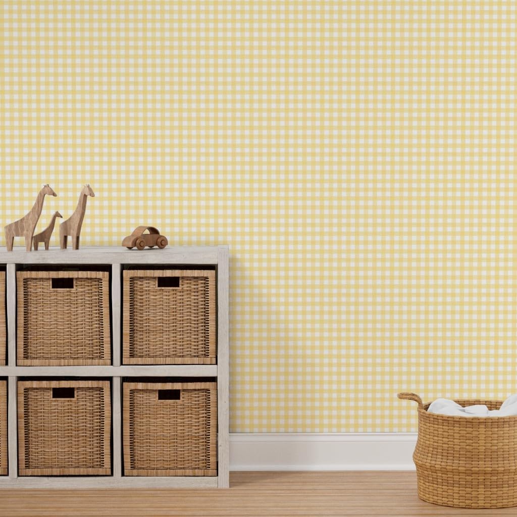 Peel & Stick Wallpaper 3ft x 2ft - Yellow Bright Gingham Lemon Country Cottagecore Picnic Custom Removable Wallpaper by Spoonflower