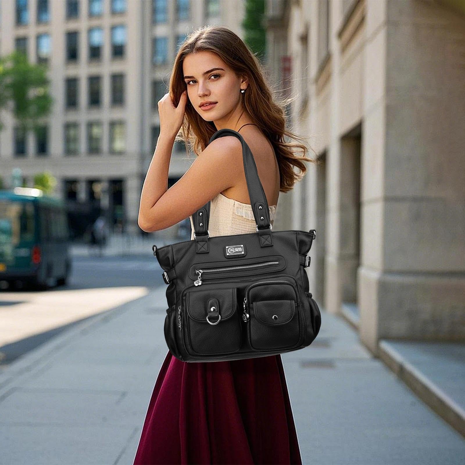 KL928 Handtasche Damen Tasche Umhängetasche Schultertasche Damentaschen gross für Damen Frauentasche PU Leder Damenhandtasche mit vielen Fächern (black)