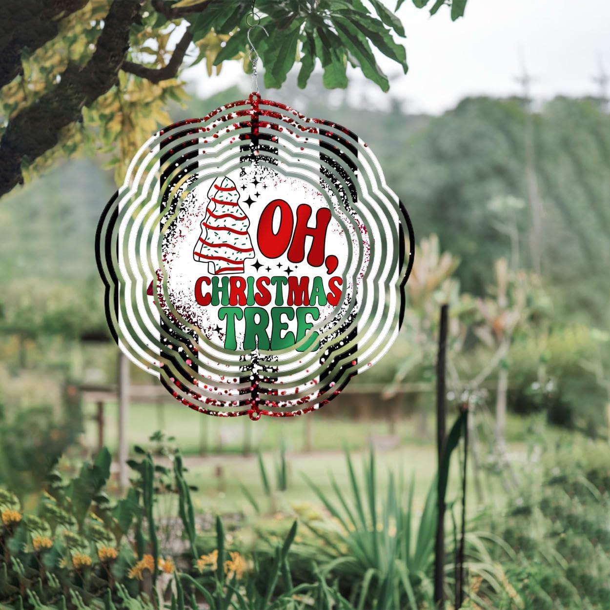 Oh Christmas Tree Christmas Wind Spinners 3D Stainless Steel Laser Cut Metal Double Sided Printing-Hanging Indoor/Outdoor Decorations Yard Gardening Decor,Metal Kinetic Art 14x14 inches