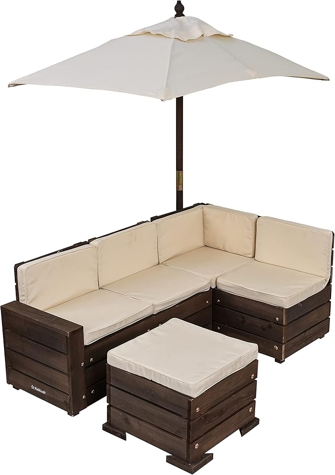 KidKraft Wooden Outdoor Sectional Ottoman & Umbrella Set with Cushions, Patio