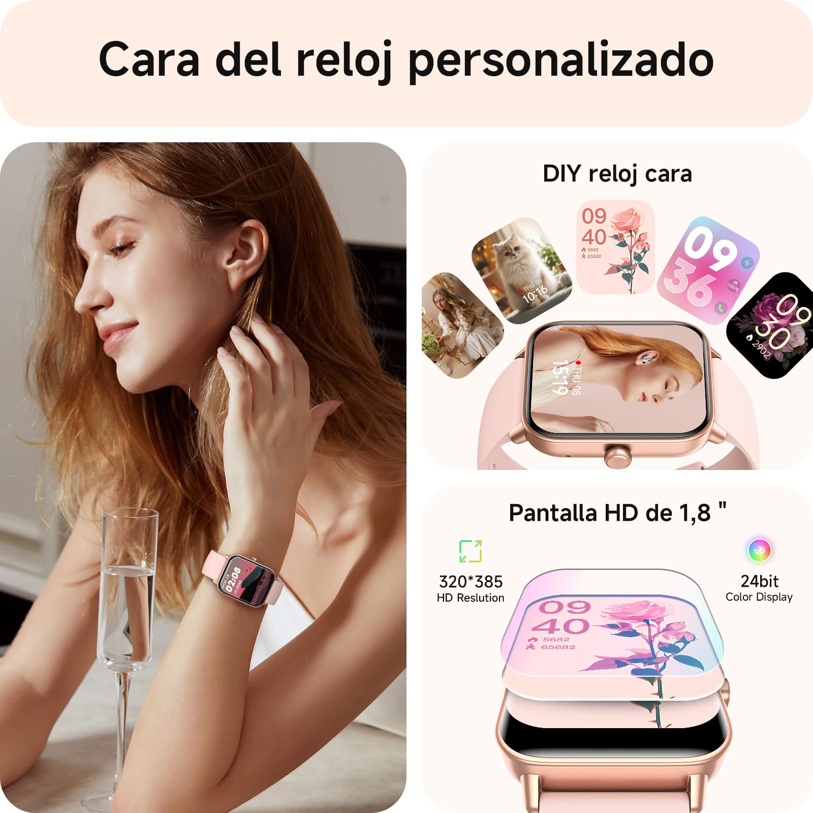 aeac Reloj Inteligente Mujer con Llamadas,Whatsapp Notificaciones, 1.8" Smartwatch Mujer y Voz de Alexa,120+ Modos Deportes IP68 SpO2/Pulsómetro/Monitor de Sueño Relojes para iPhone Android