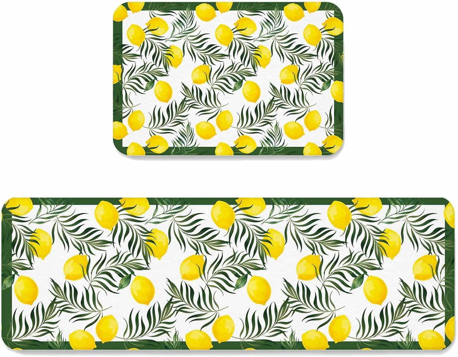 Prime Leader Lemon Leaf Kitchen Mat Set 2 Pieces Watercolor Lemon Floral Palm Leaf Green Border Non Slip Kitchen Rugs Washable Runner Rug Mats for Sink Laundry (19.7" x 31.5"+19.7" x 47.2")