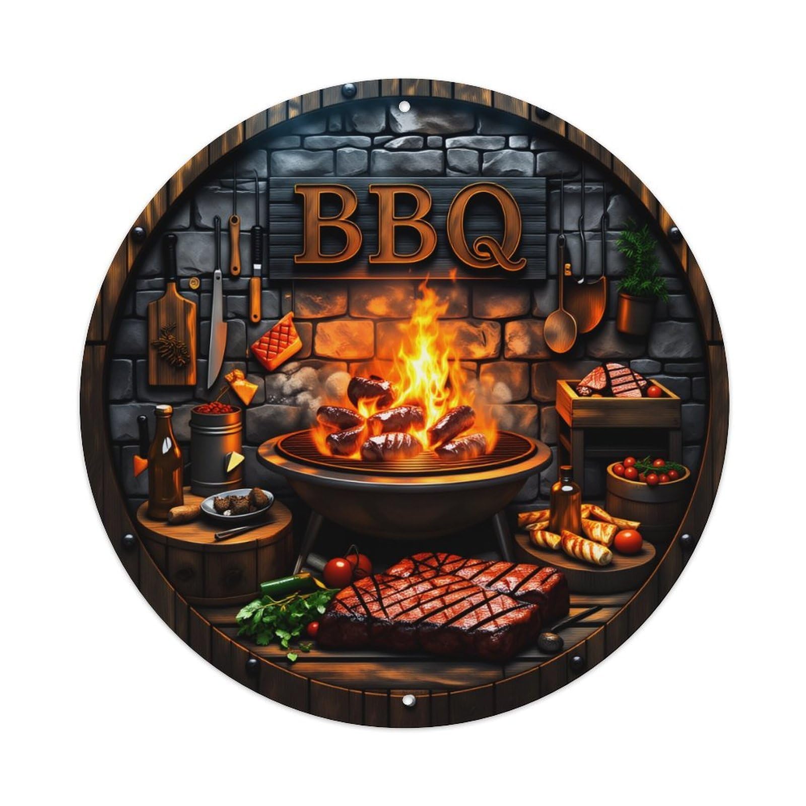 Barbecue Grill Fire Meat Tools Wood Background Smoke Flames Food