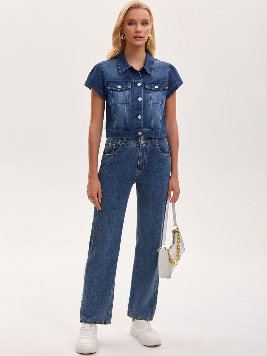 Women's Denim Jacket Cap Sleeve Cropped Button Down with Pockets Classic Jean Jackets - Image 3