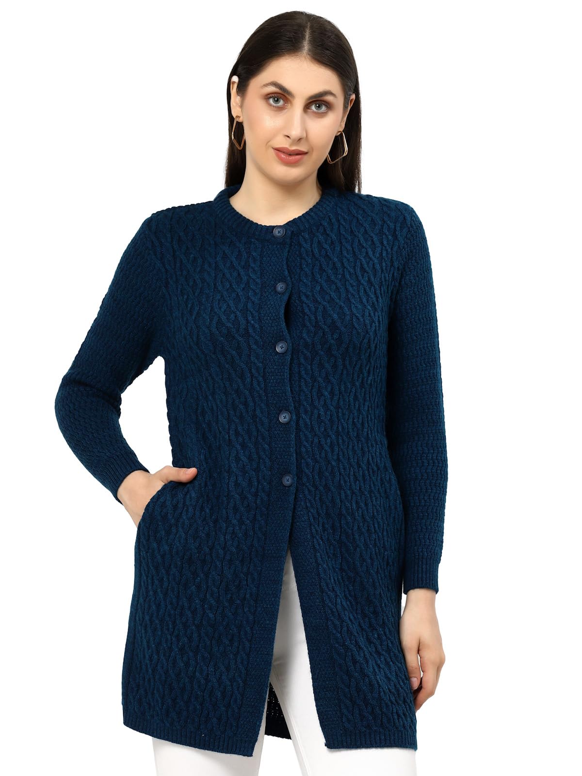 Women Round Neck Cable Design Acrylic Knit Longline Cardigan Sweater-image-16