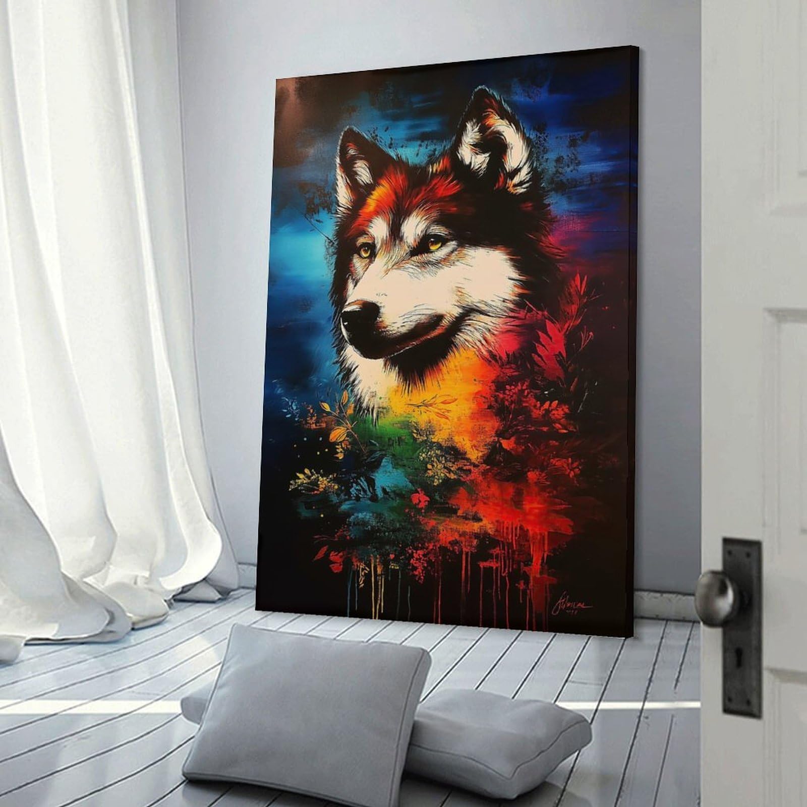Junmoney Wolf Portrait with Floral Background Canvas Wall Decor 20x30inch(50x75cm), for Calm Bedrooms, Home Corners Or Flats, An Easy Wall Refresh for Bedrooms