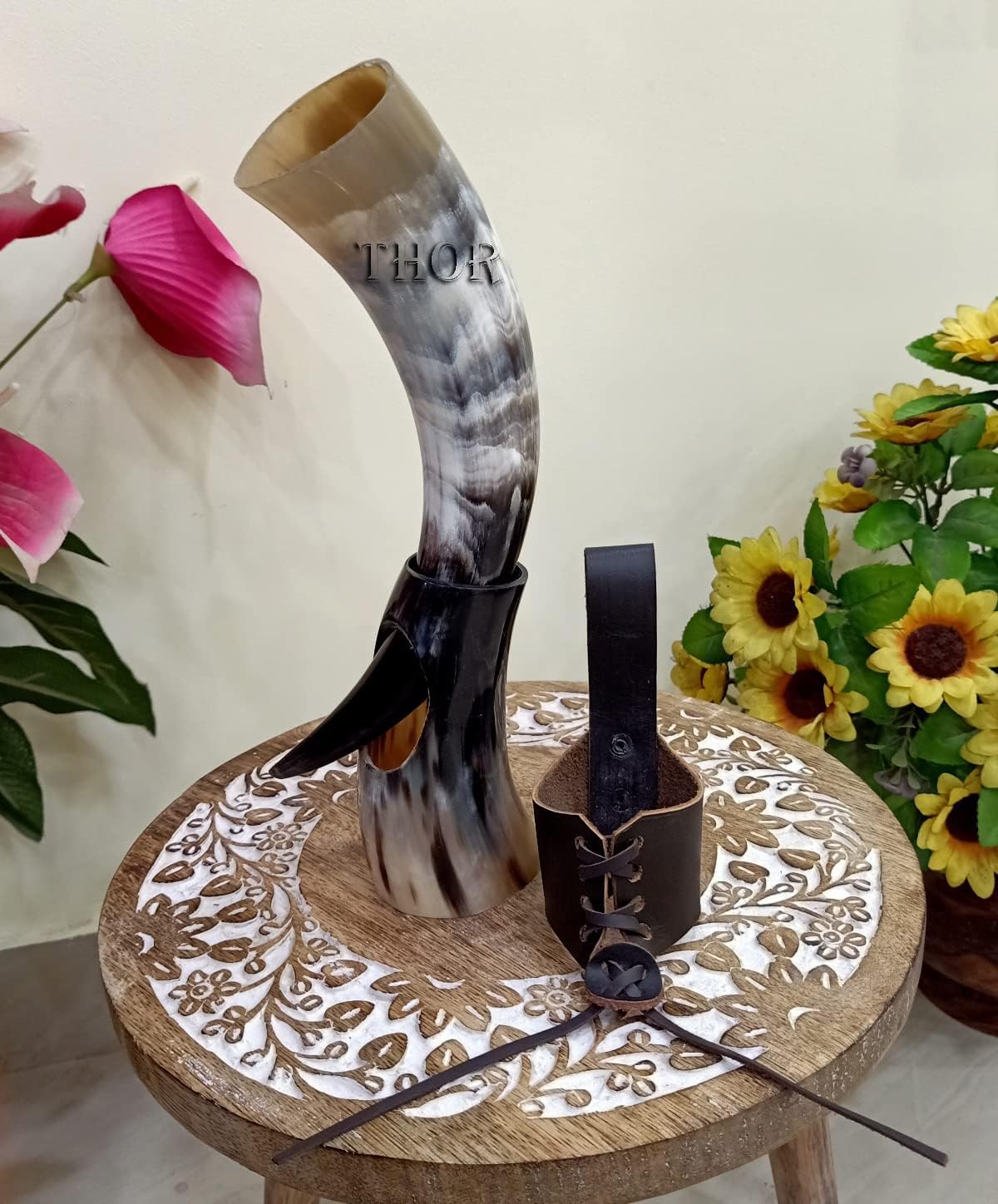 Viking Drinking Horn Mug with Beer Stand/Genuine Leather Belt/Vintage Natural Finished/Authentic Medieval Gift Rustic Vintage Home Decor Gifts - Image 4