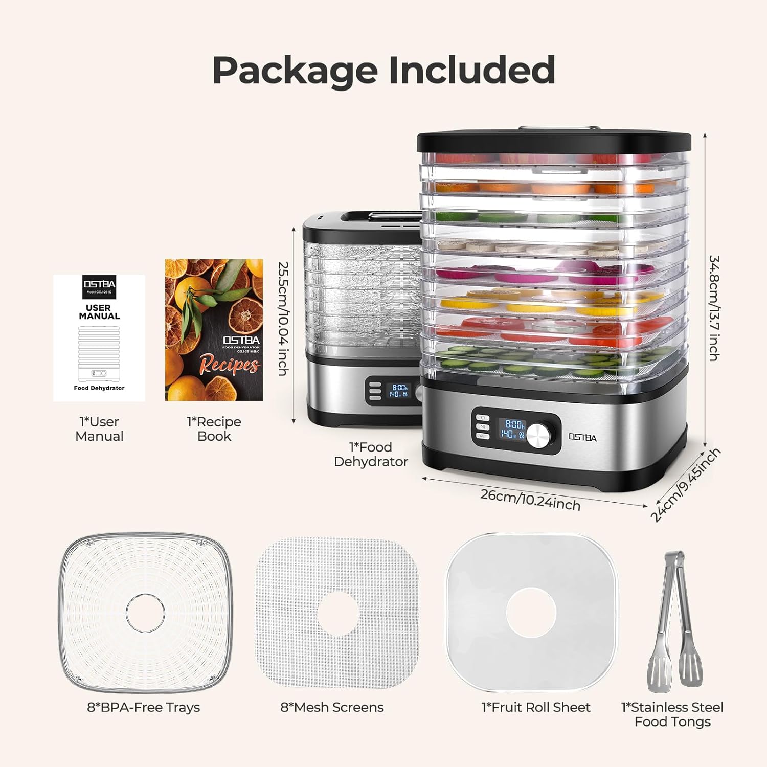 OSTBA 8-Tray Food Dehydrator, 72H Timer & Temp Control up to 158℉, Includes 8 Mesh Sheets, 1 Fruit Roll Tray, 1 Tongs, Recipe Book for Jerky, Fruit, Meat, Vegetables, Herbs, BPA-Free