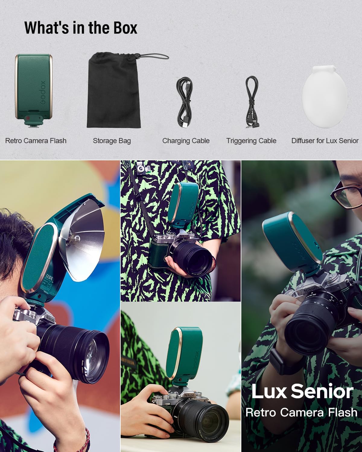 Godox Lux Senior Retro Camera Flash kit with Diffuser, GN14 1700mAh 6000K±200K CCT, Automatic & Manual Modes 1/1-1/64 Flash Power (Forest Green)