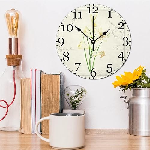 Miniatura 4 de Reloj de madera con diseño floral, lirio, silencioso, sin tictac, funciona con pilas, de 15 pulgadas, retro, con araña, mariposa, flor, acuarela,
