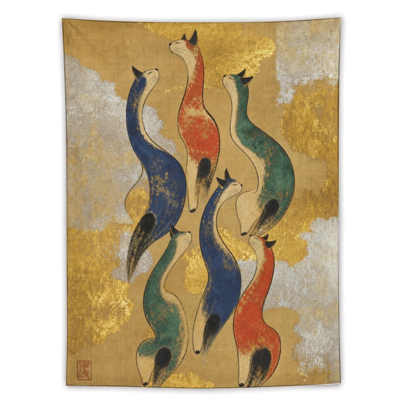 W7C8U2X3 Three Colorful Cats Wall Tapestry, Realistic Illustration
