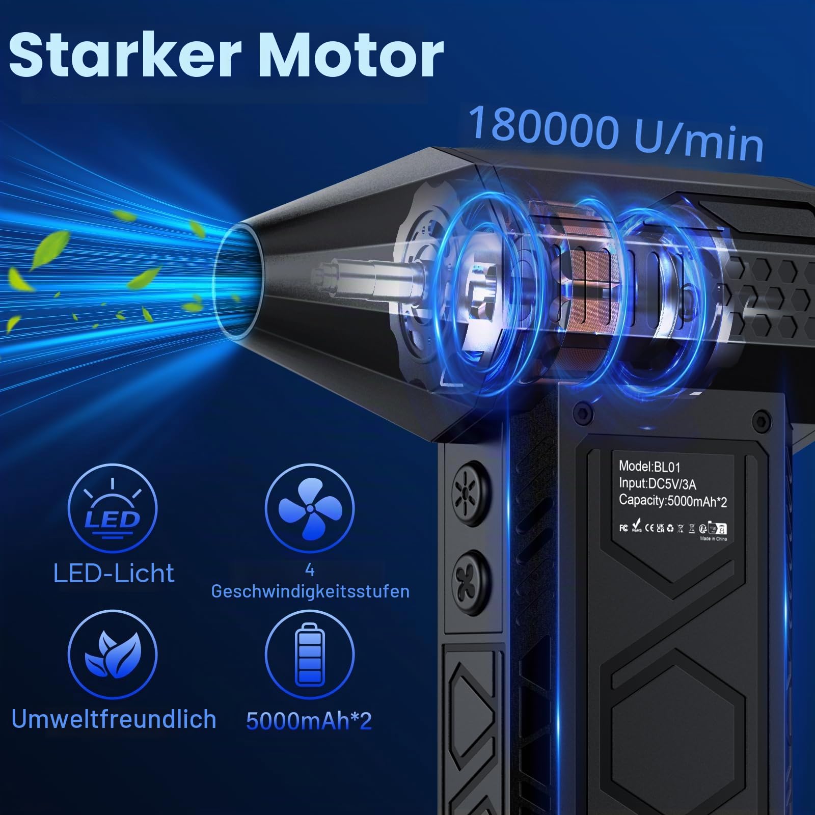 Elektrische Staubgebläse,2025 Neues Modell Zwei-in-Eins Mini-Gebläse mit Taschenlampe für den Außenbereich,180000RPM Druckluftspray Reinigungsgeräte mit Windgeschwindigkeit der Stufe 4 für Auto