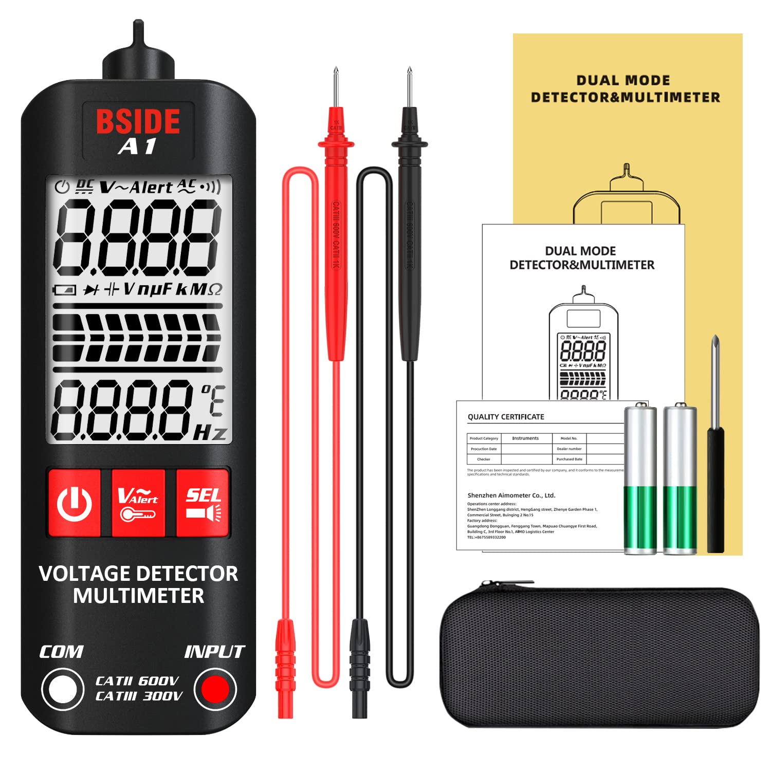 BSIDE A1 Voltage Tester with all accessories including test leads, batteries, screwdriver, and carrying case