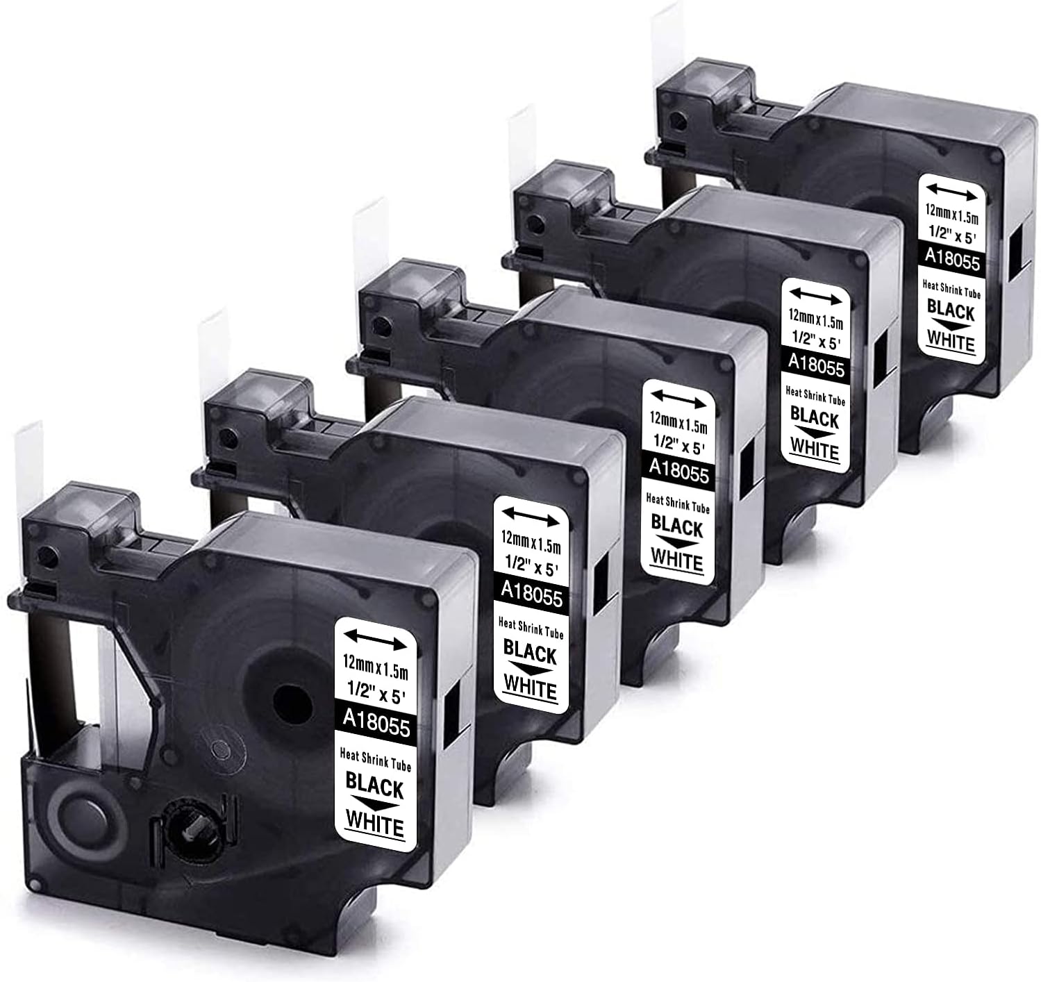 Compatible with Dymo Rhino Heat Shrink Tube Labels 18055 A18055 | 1/2" 12mm x 5.5m | Black on White | Compatible with DYMO Rhino 4200 5200 6000 Industrial Label Makers | 5-Pack
