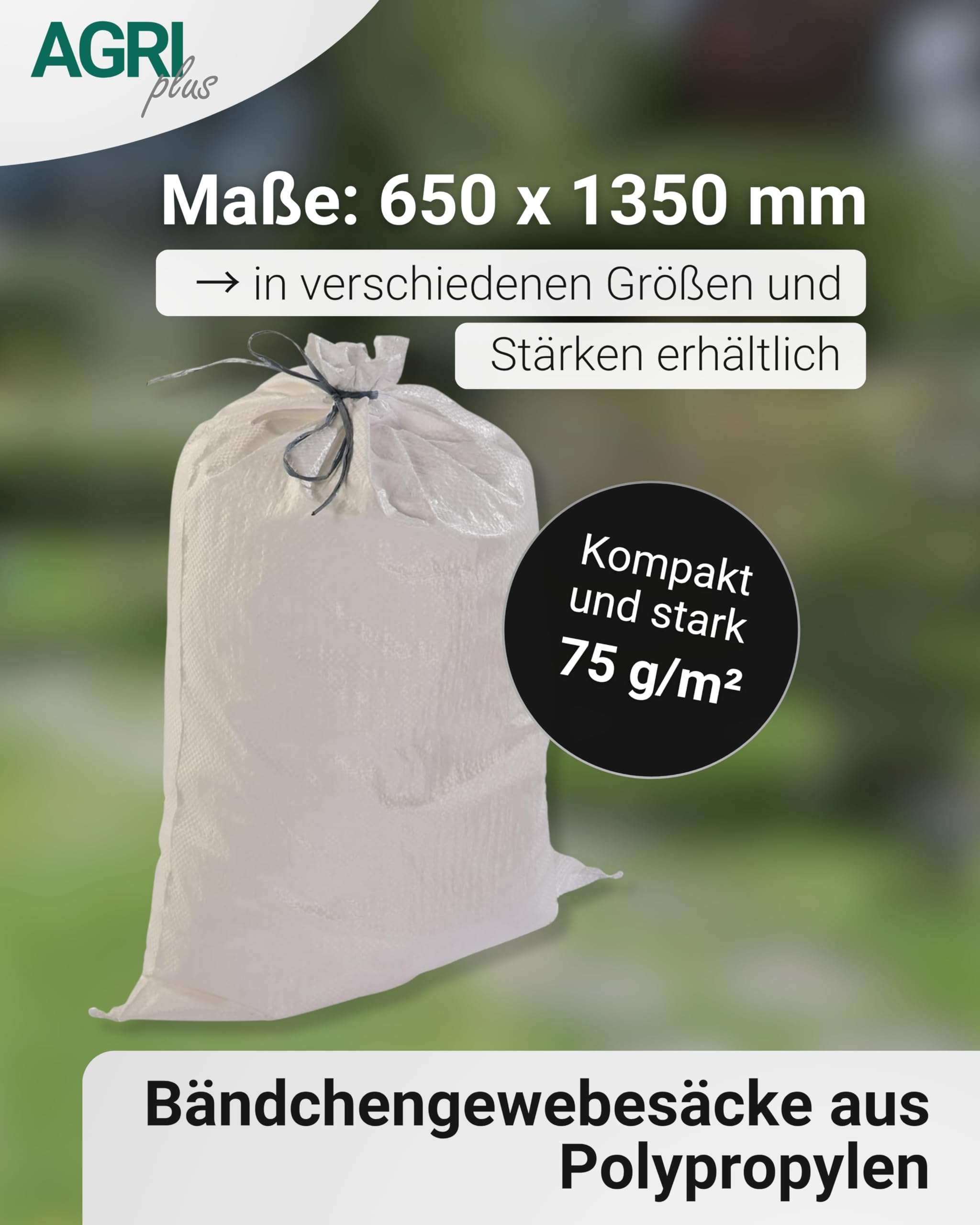 AGRIplus Gewebesäcke 100 Stück I 650 x 1350 mm I Bändchengewebesäcke aus Polypropylen I Säcke mit stabilem Boden & 75 kg Volumen I Vielseitig einsetzbar für Bau & Garten