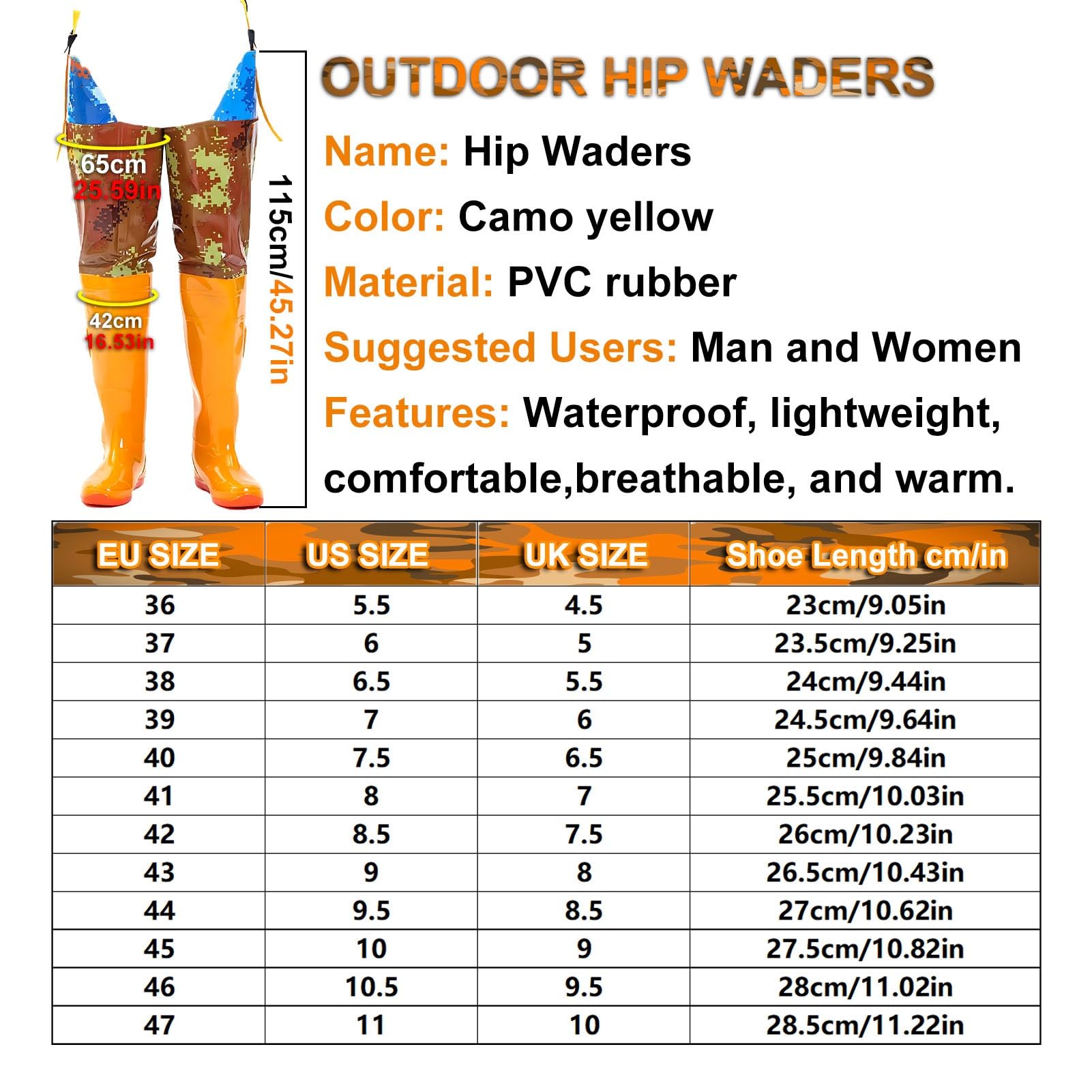 Waders hip Waders mimetici con cuciture sui fianchi, robusti wader da pesca antiforatura, per la caccia nelle paludi(47 EU)