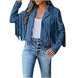 Women Fashion Cropped Tassel Fringe Faux Suede Leather Jacket Fall Winter Long Sleeve Lapel Neck Moto Coat Outwear