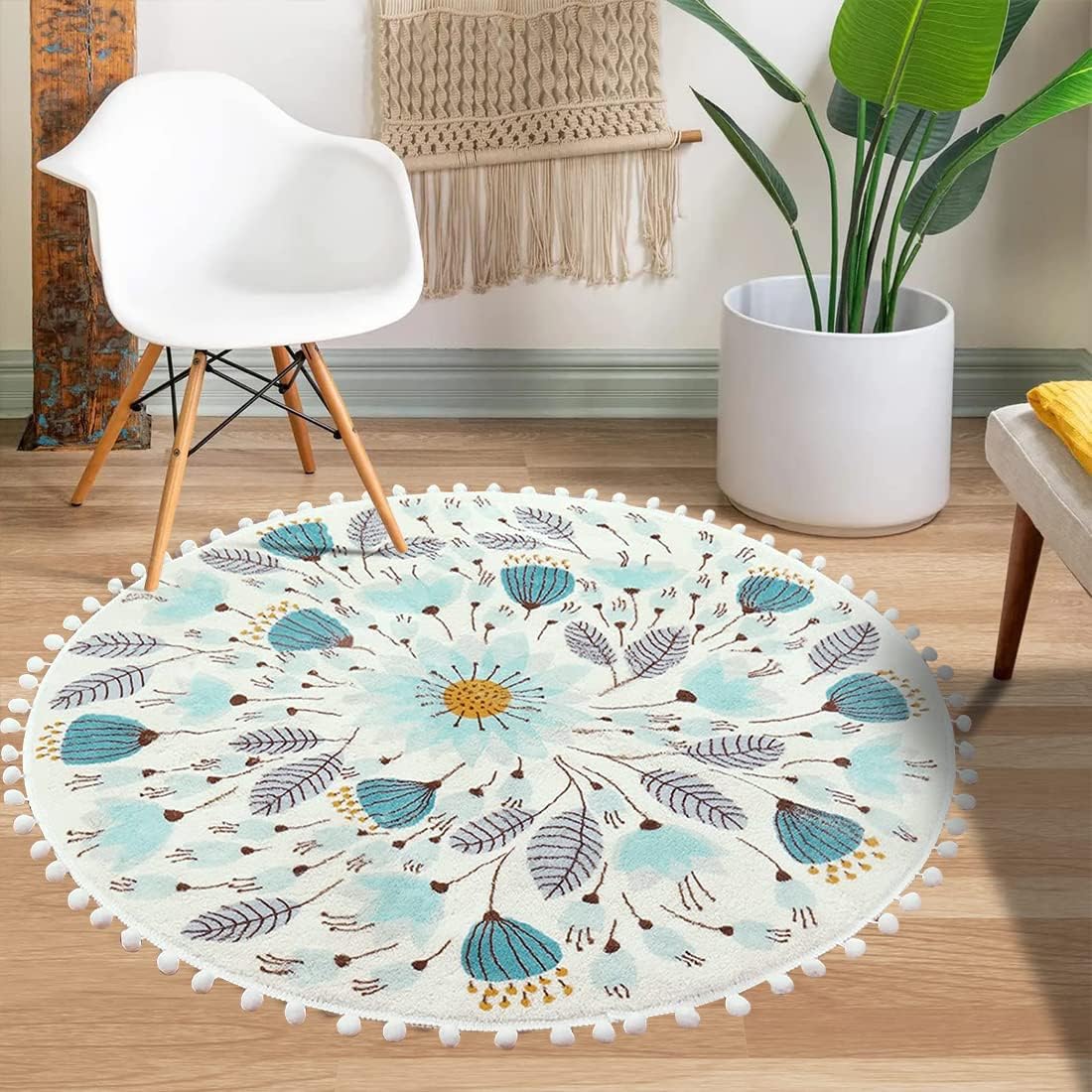 Amazon.com: Poowe Round Rug for Bedroom 4FT Circle Area Rug with Pom ...