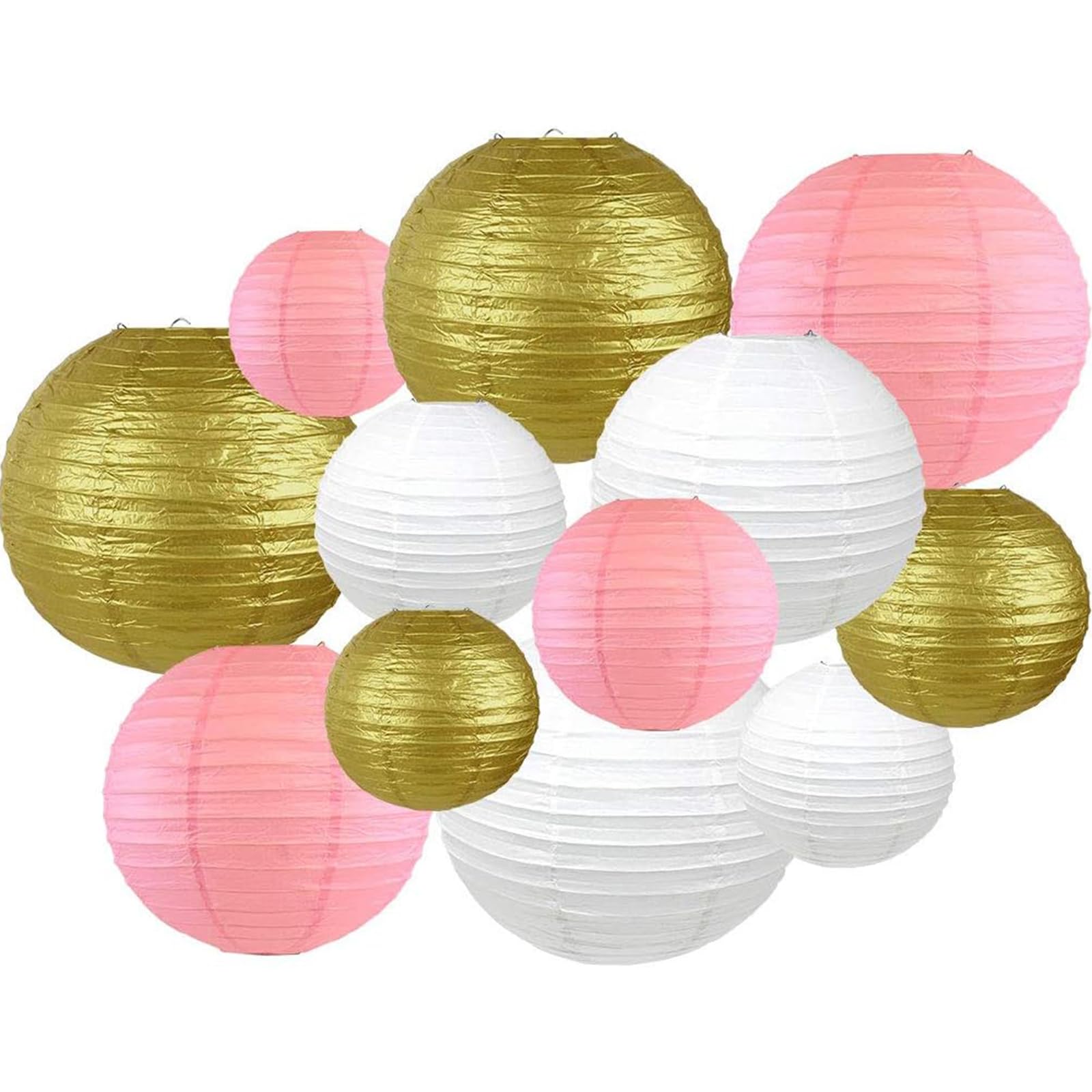 Surwin 12PCS Paper Lanterns, Chinese Lanterns Biodegradable Paper Lampshades Colourful Paper Lanterns for Weddings, Baby Shower, Celebrations, Garden, Party Decor (Gold/Pink/White)