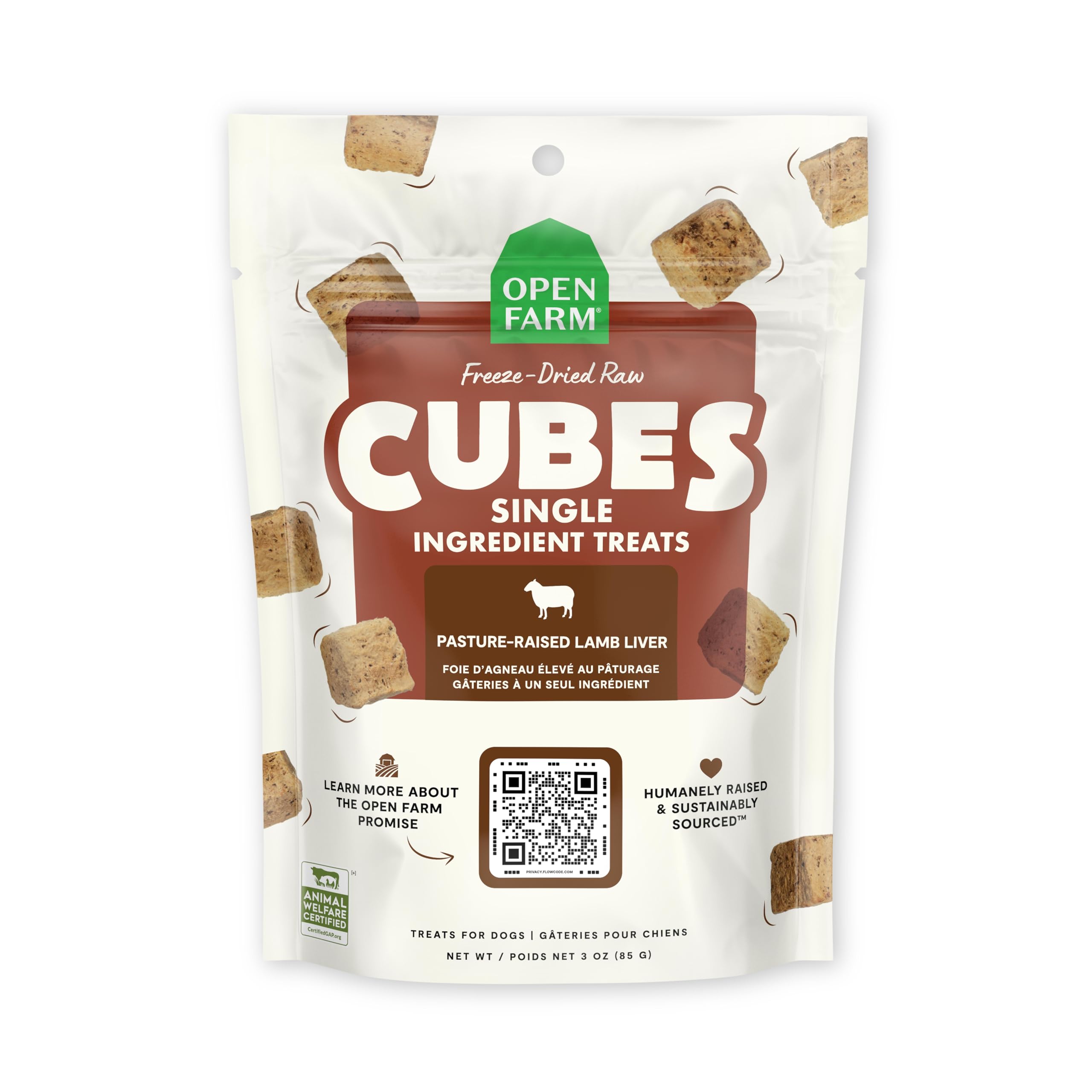 Open Farm Cubes, Freeze-Dried Raw, Single Ingredient Dog Treats, Lamb Liver, 3oz Pouch
