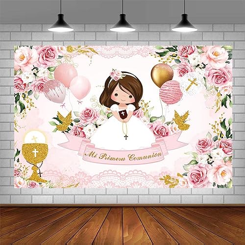 Vista 8 de Fondo de bautismo de 7 x 5 pies para niña, Mi Primera, Comunión, Bautizo, Fotografía, Dios bendiga la primera comunión, globo de cáliz Mi Bautizo