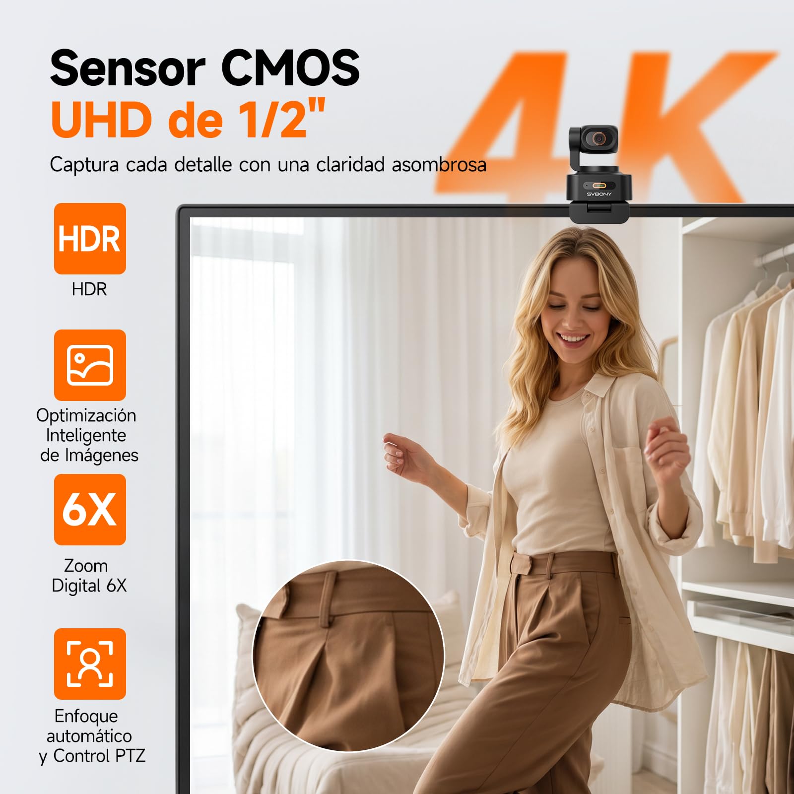 SVBONY SVN W2 4K Webcam: IA Seguimiento, 1/2" Sensor, PTZ Dual, HDR, Micrófono IA Antirruido, Gestos, Autoenfoque, para Trabajo Híbrido y Contenido