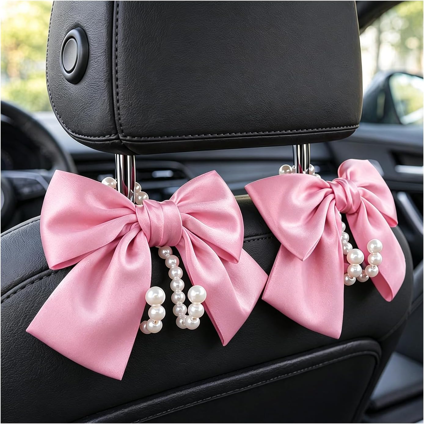 2 PCS Bow Pearl Car Seat Headrest Hook, Car Seatback Hanging Organizer Elegant Pearl Purse Hanger, Cute Bow Vehicle Interior Headrest Storage Hook for Handbag Purse Coat (Pink)