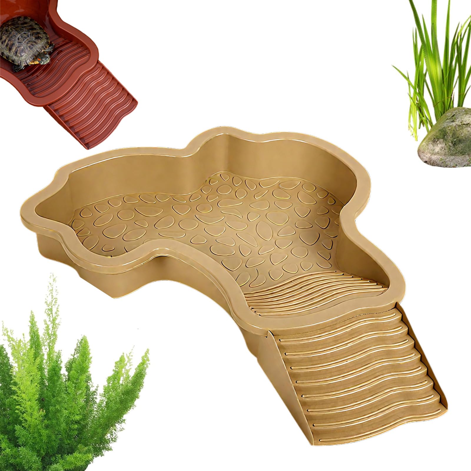 Generic Tortoise Bath Dish, Plastic Reptile Pool with Anti-Slip Ramp, Basking Platform & Drain, Feeding Box & Food Water Bowl for Tortoises, Chameleons, Scorpions, Geckos (Khaki)